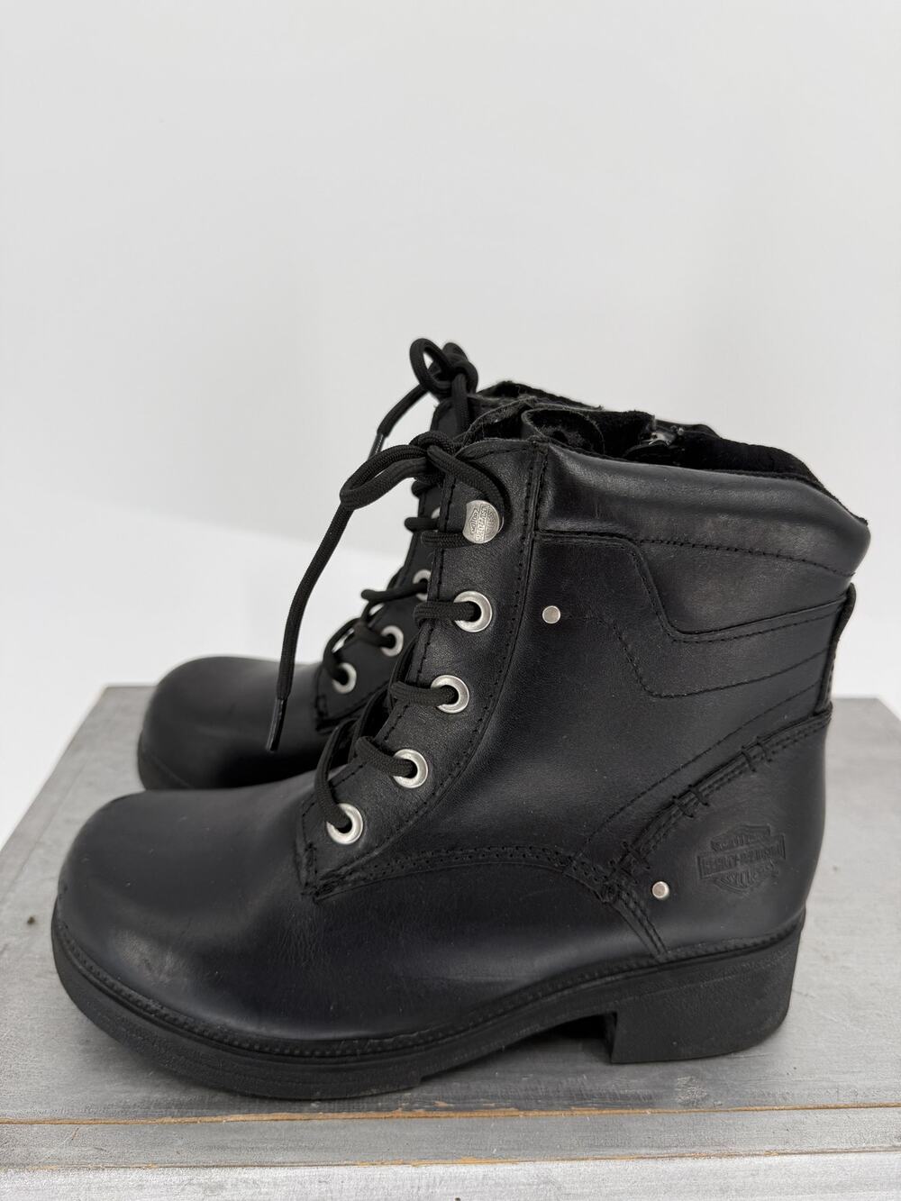 Harley-Davidson Elowen Women's Black Leather Moto Boots 7.5M D83519 Side Zip